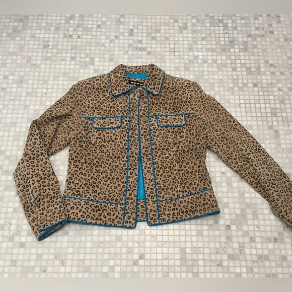 Revue Jackets & Blazers - Revue Leather Brown Animal Print with Turquoise Trim Jacket